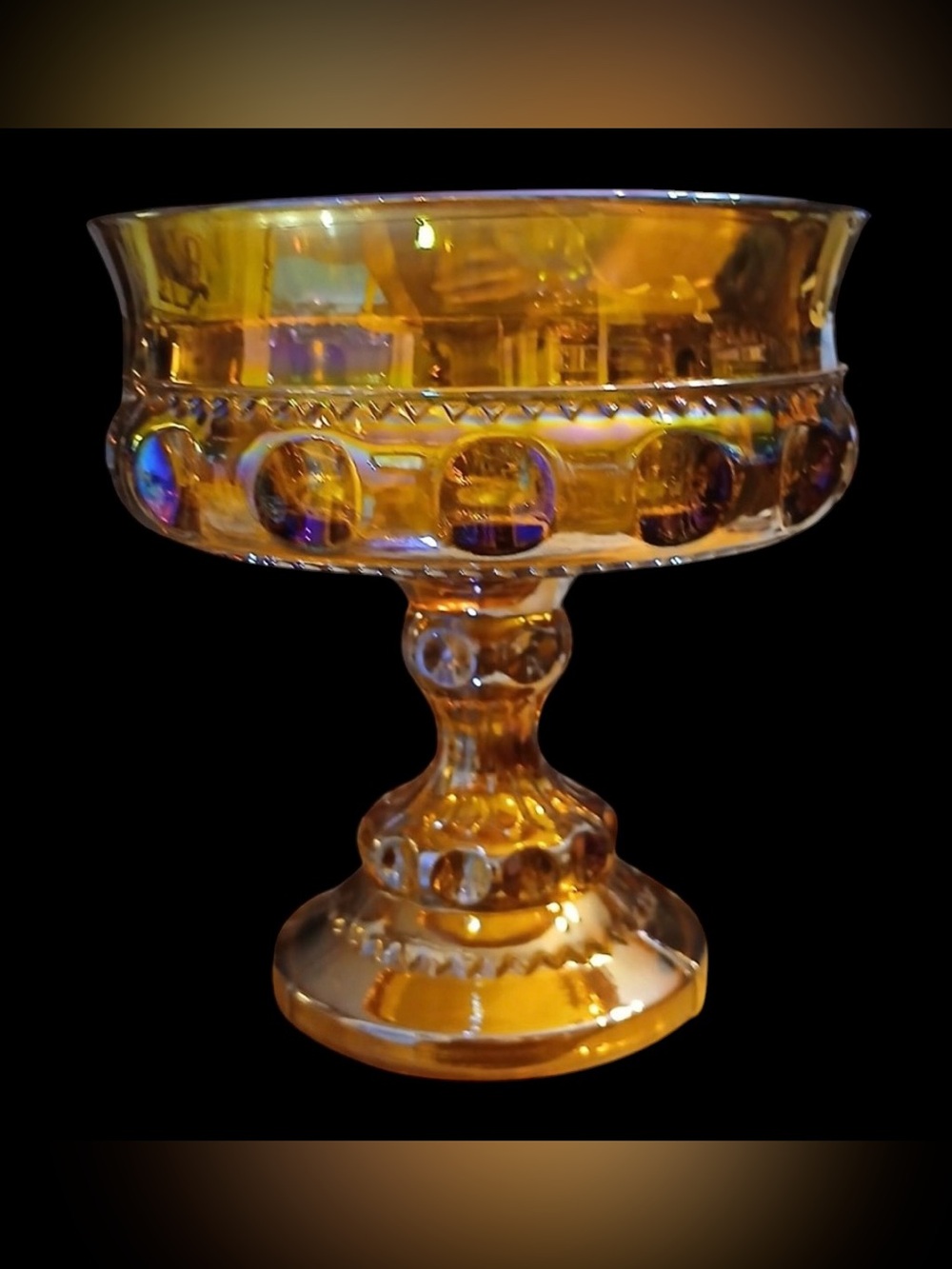 Vintage Indiana Glass Kings Crown Marigold Carnival Glass Pedestal Candy Dish